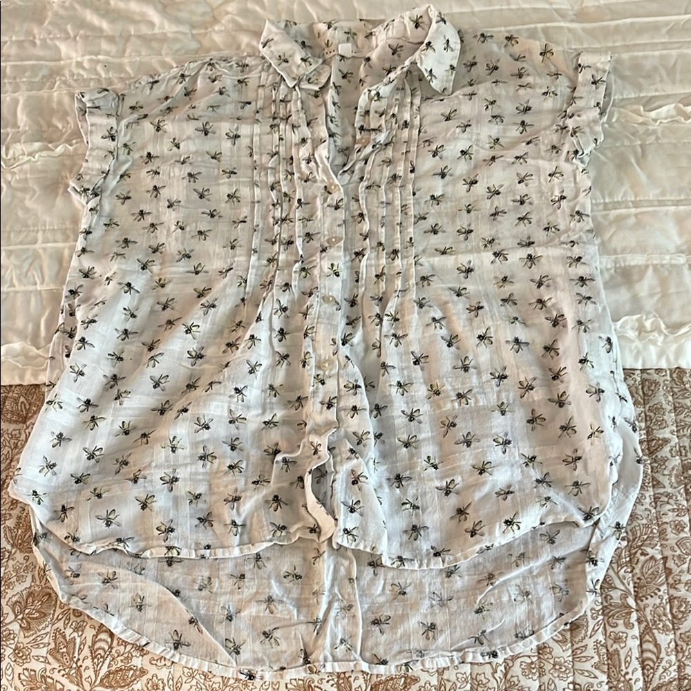 Jane and Delancey Gray and White Ruffled Blouse with Mandarin Collar